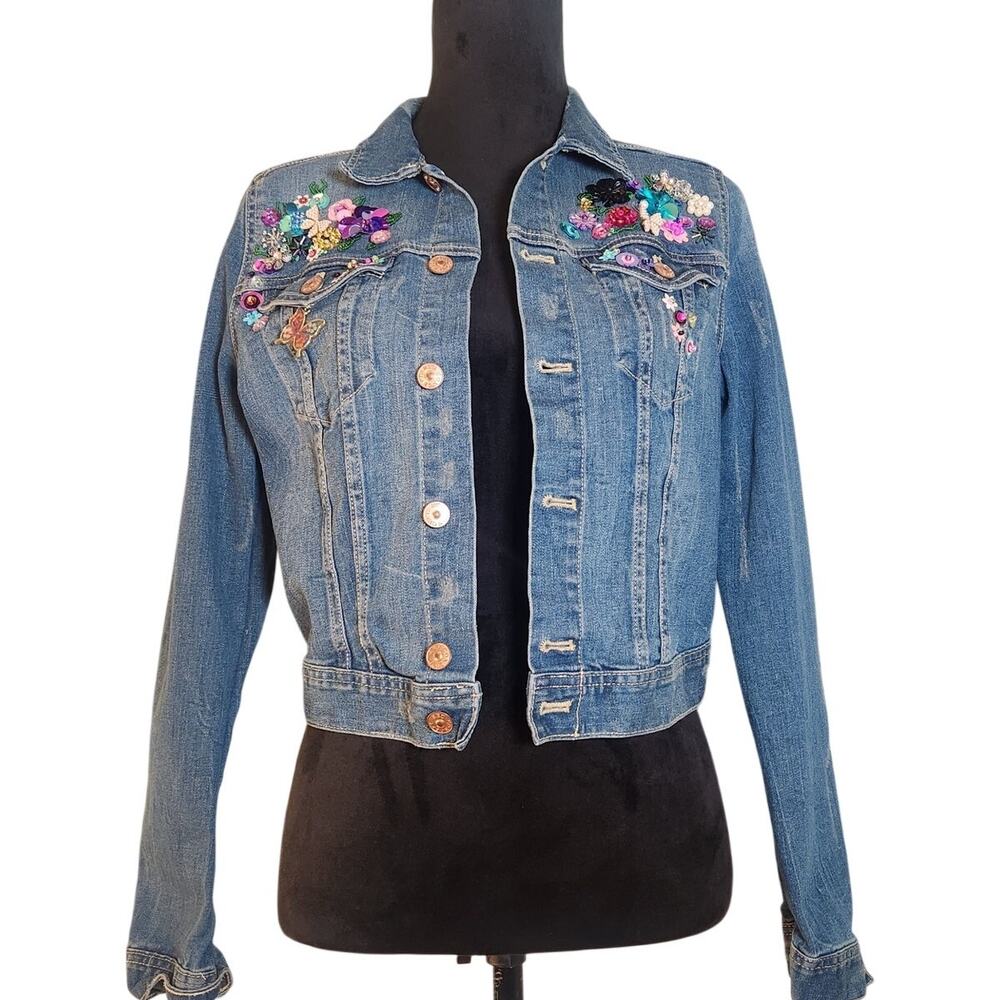CUSTOM Butterfly in Bloom Sequin Denim Jacket, Size Small - Picture 2 of 13